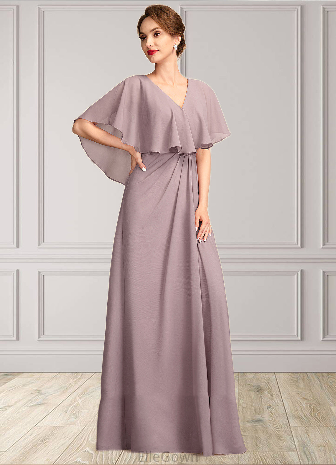 Yasmin A-Line V-neck Floor-Length Chiffon Mother of the Bride Dress With Ruffle DE126P0015026