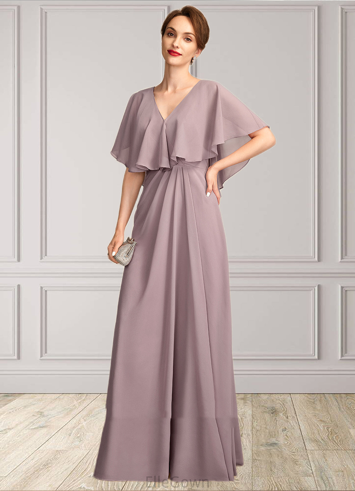 Yasmin A-Line V-neck Floor-Length Chiffon Mother of the Bride Dress With Ruffle DE126P0015026