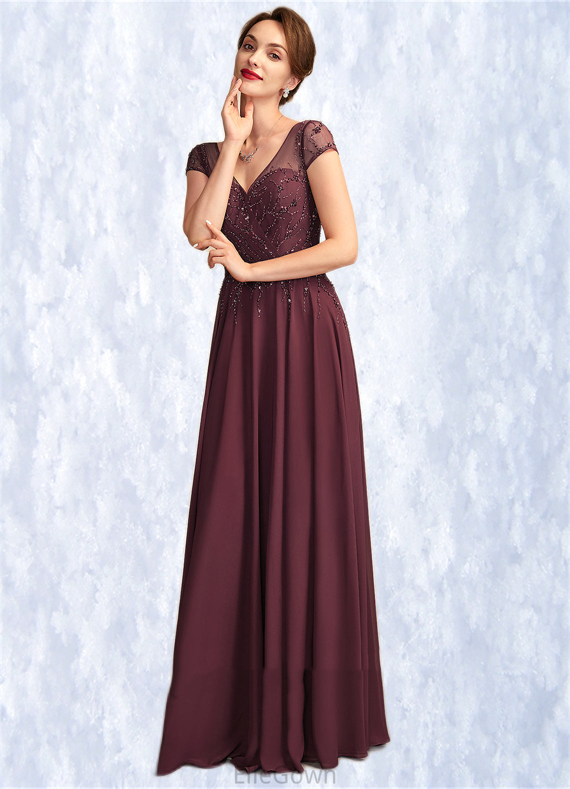 Lena A-Line V-neck Floor-Length Chiffon Mother of the Bride Dress With Beading Sequins DE126P0015028