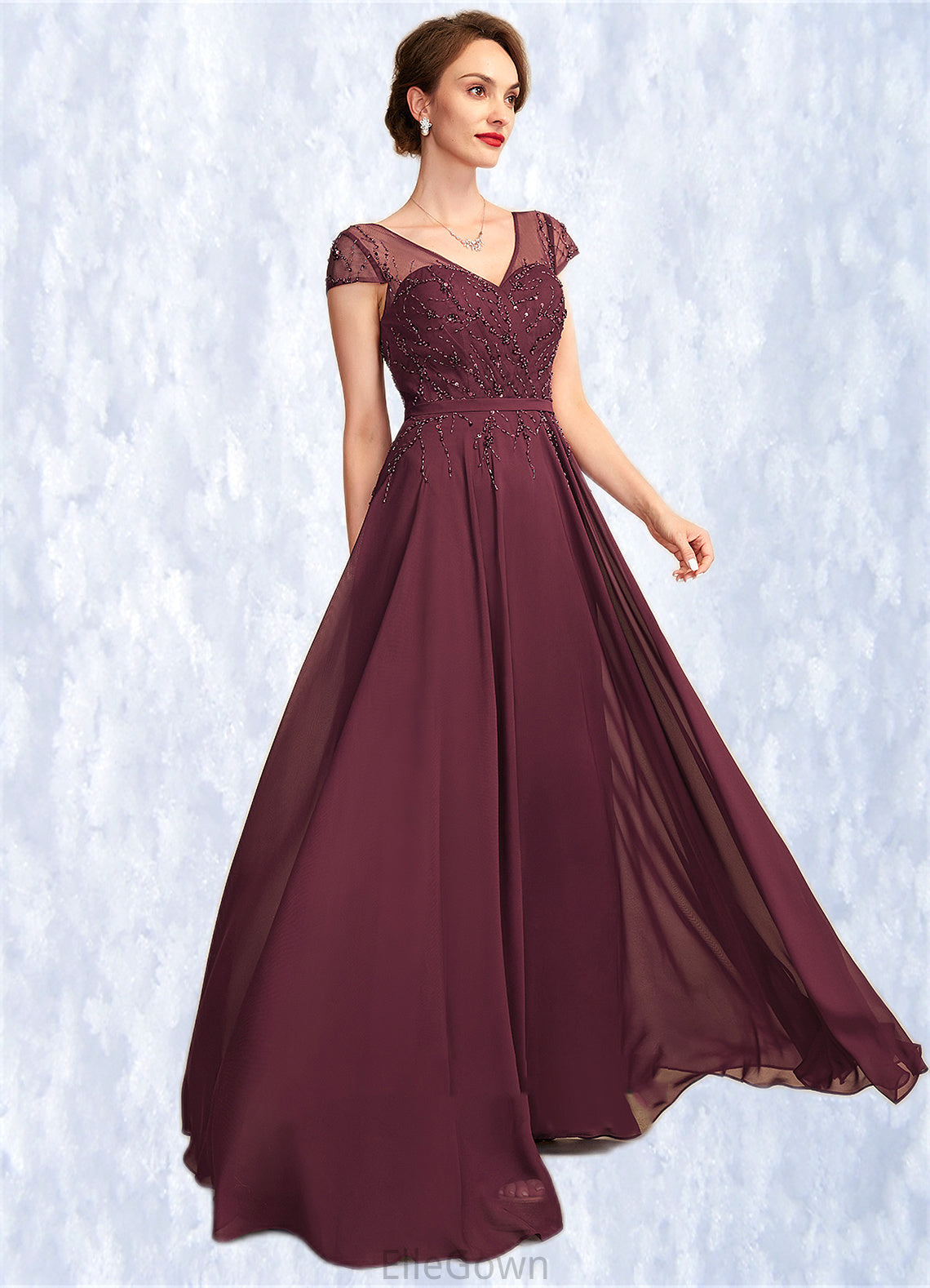 Lena A-Line V-neck Floor-Length Chiffon Mother of the Bride Dress With Beading Sequins DE126P0015028