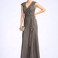 Deja A-Line V-neck Floor-Length Chiffon Lace Mother of the Bride Dress With Beading Sequins Cascading Ruffles DE126P0015030