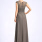 Deja A-Line V-neck Floor-Length Chiffon Lace Mother of the Bride Dress With Beading Sequins Cascading Ruffles DE126P0015030