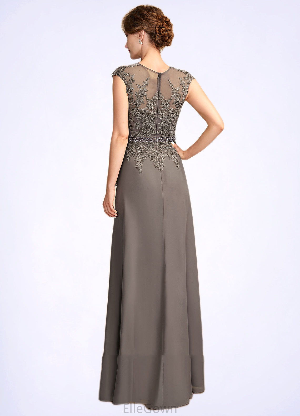 Deja A-Line V-neck Floor-Length Chiffon Lace Mother of the Bride Dress With Beading Sequins Cascading Ruffles DE126P0015030