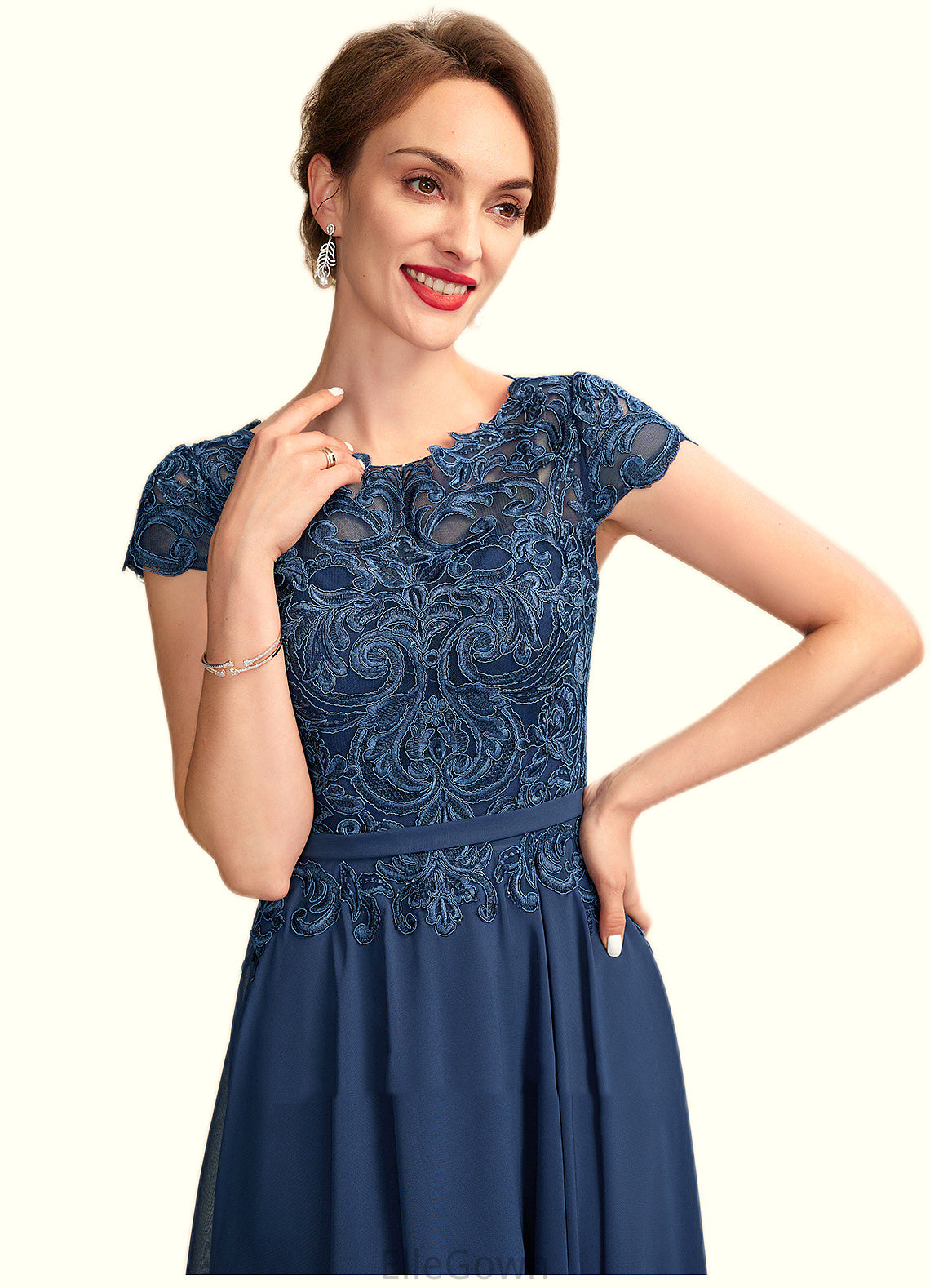 Maggie A-Line Scoop Neck Tea-Length Chiffon Lace Mother of the Bride Dress DE126P0015032