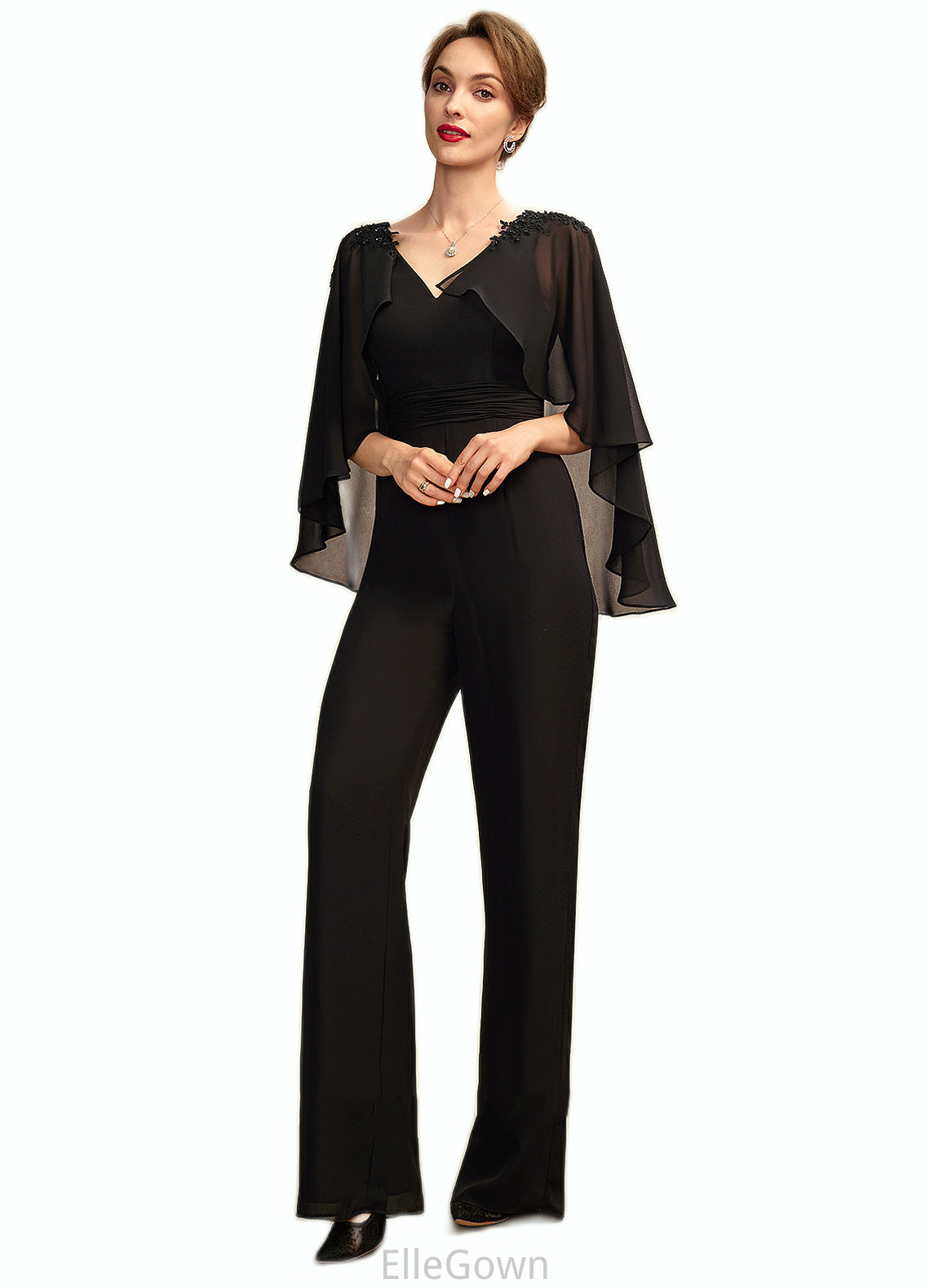 Arianna Jumpsuit/Pantsuit V-neck Floor-Length Chiffon Mother of the Bride Dress With Ruffle Beading Appliques Lace Sequins DE126P0015033