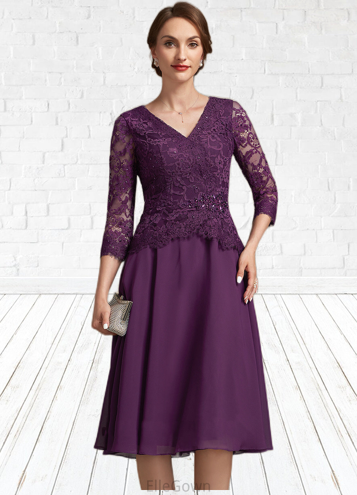 Rosie A-Line V-neck Knee-Length Chiffon Lace Mother of the Bride Dress With Beading Sequins DE126P0015035