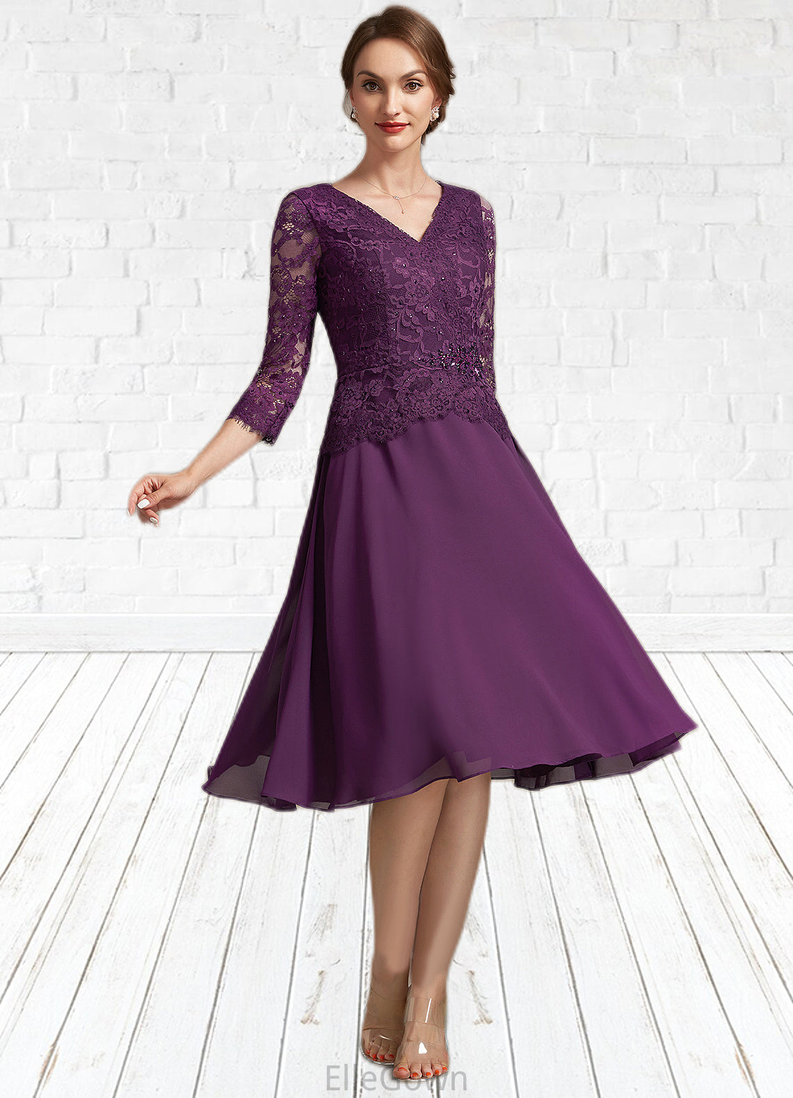 Rosie A-Line V-neck Knee-Length Chiffon Lace Mother of the Bride Dress With Beading Sequins DE126P0015035