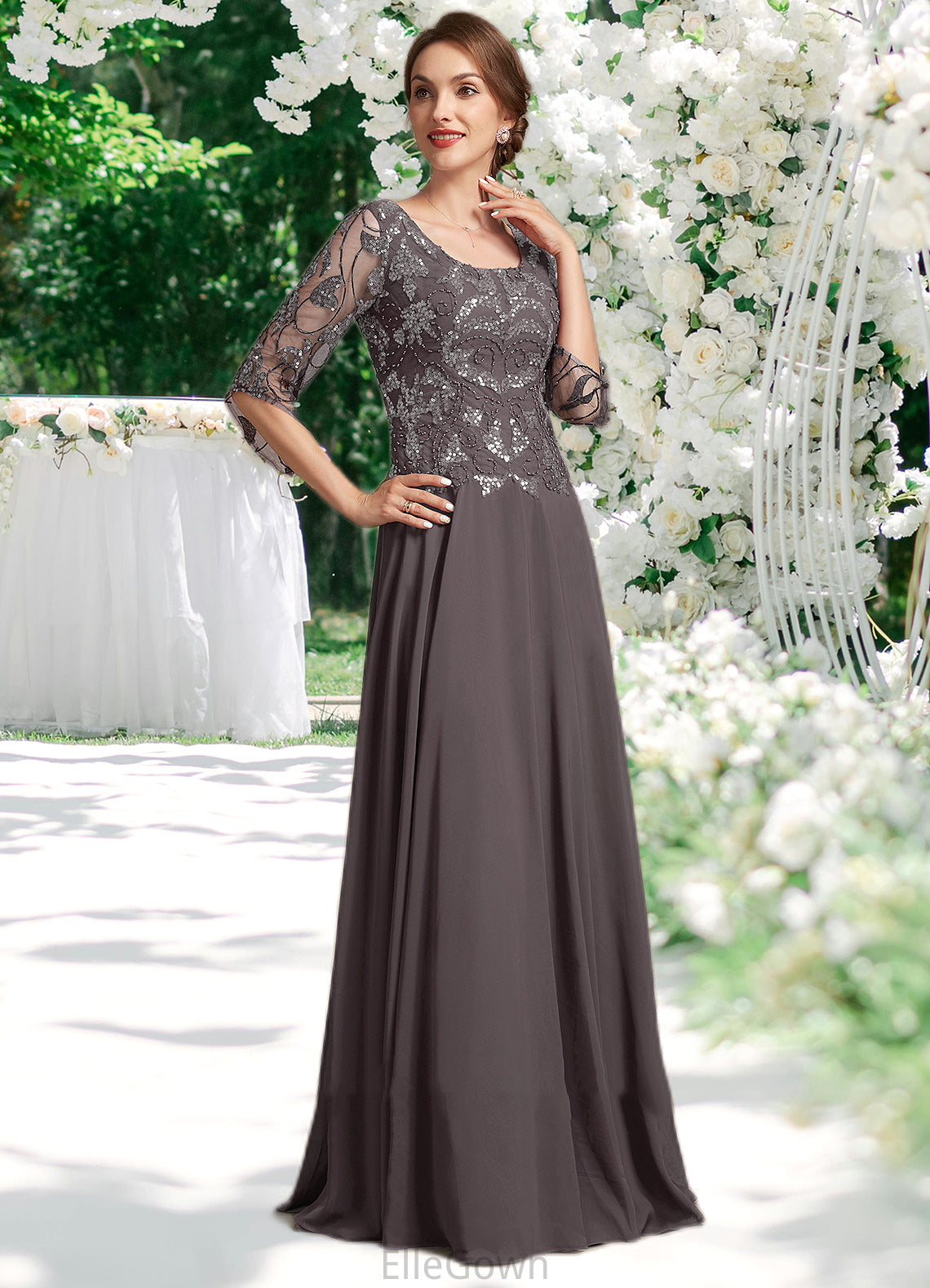 Zoey A-Line Scoop Neck Floor-Length Chiffon Lace Mother of the Bride Dress With Beading Sequins DE126P0015036