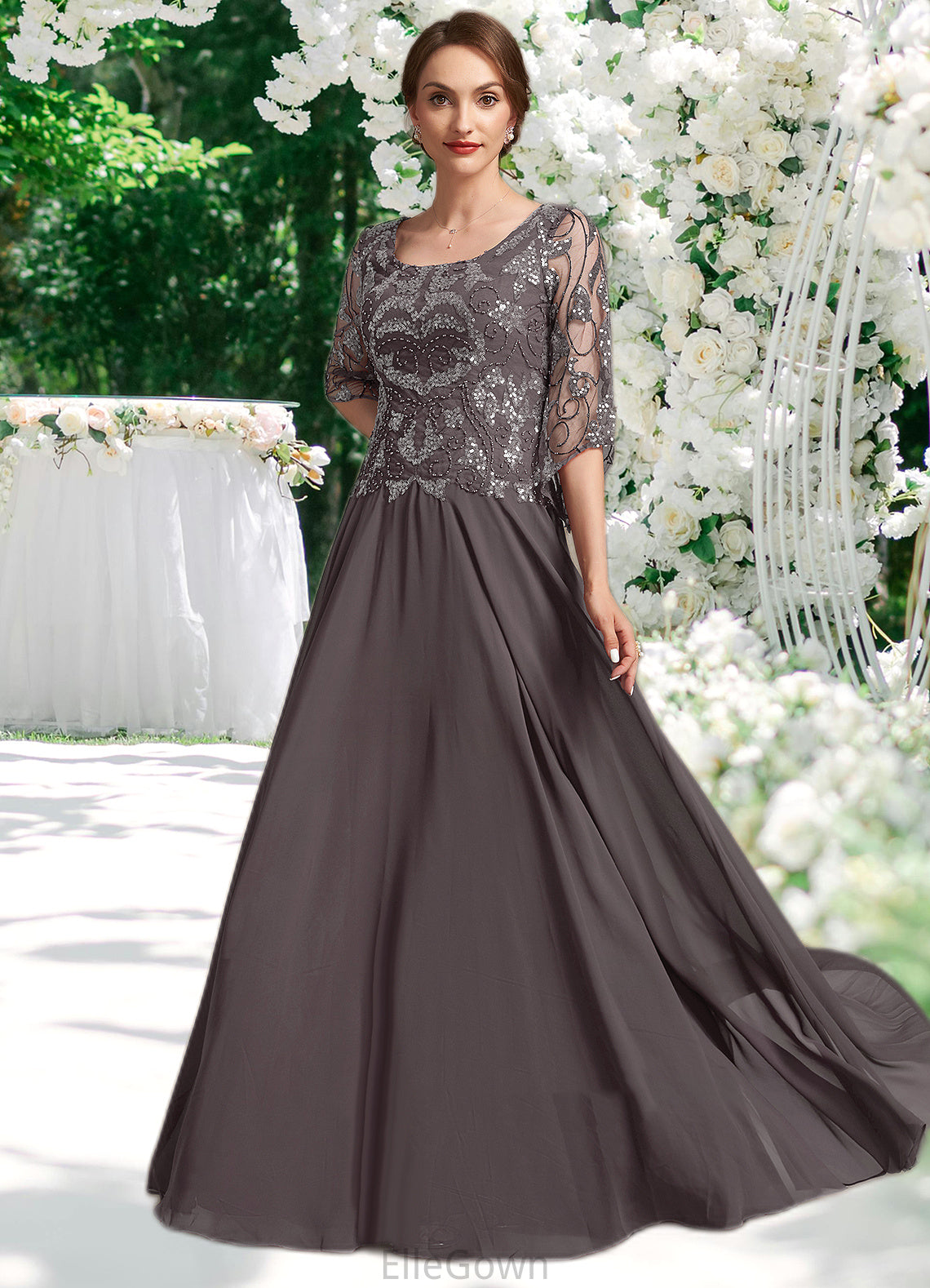 Zoey A-Line Scoop Neck Floor-Length Chiffon Lace Mother of the Bride Dress With Beading Sequins DE126P0015036