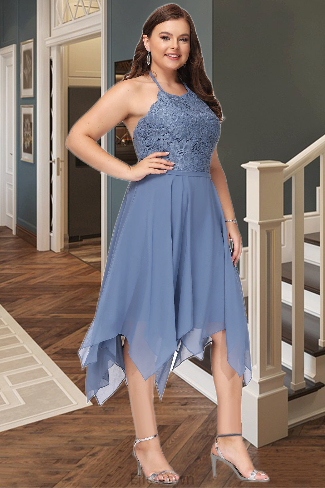 Quintina A-line Halter Asymmetrical Chiffon Lace Homecoming Dress DEP0020561