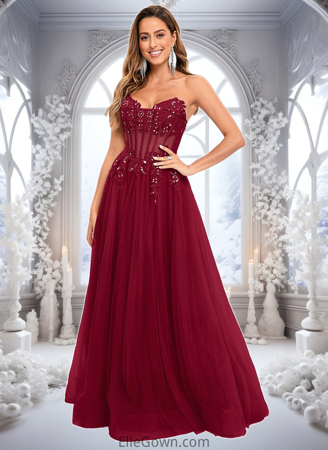 Maeve Ball-Gown/Princess V-Neck Floor-Length Tulle Prom Dresses With Sequins Appliques Lace DEP0025837