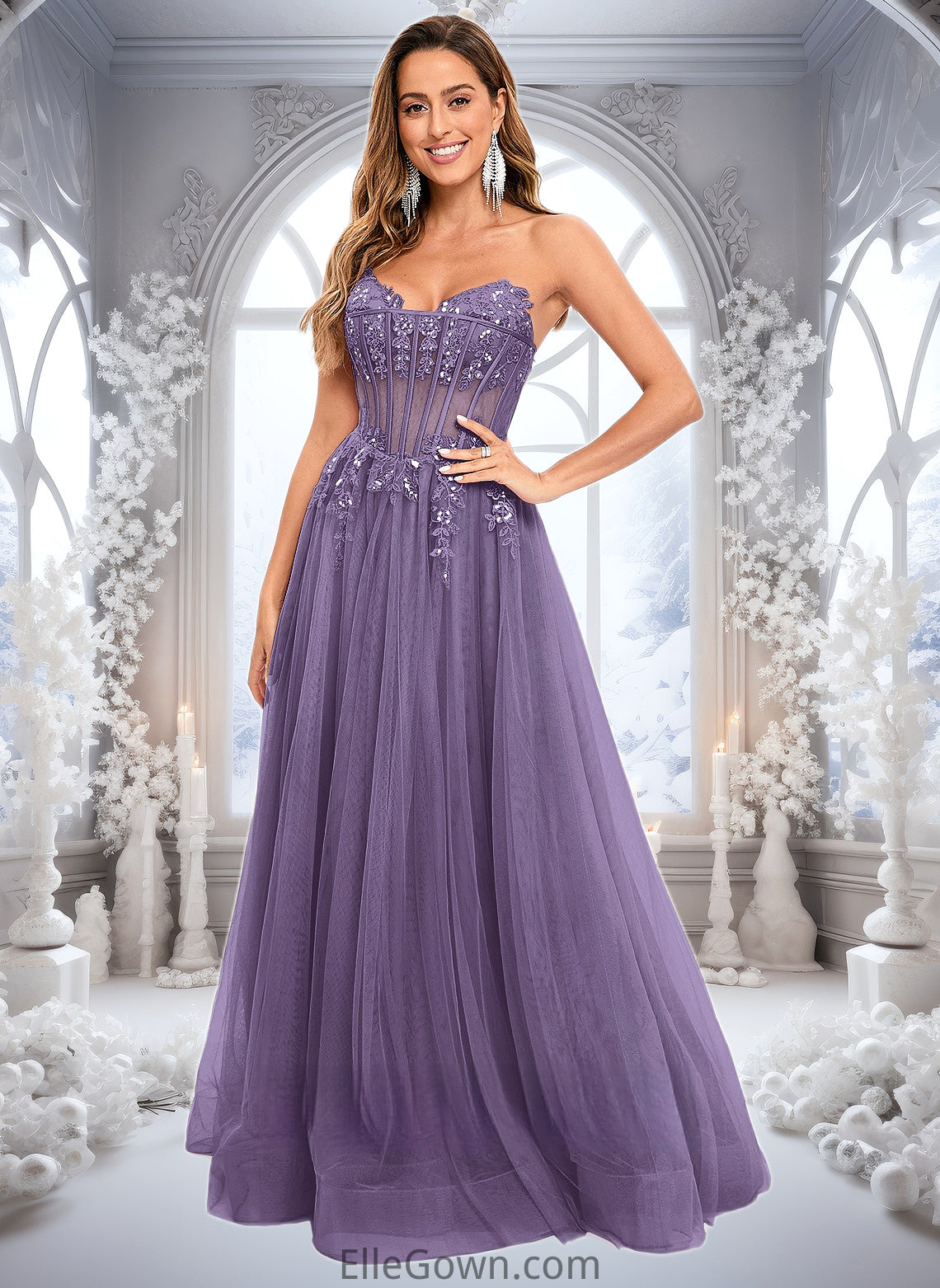 Maeve Ball-Gown/Princess V-Neck Floor-Length Tulle Prom Dresses With Sequins Appliques Lace DEP0025837