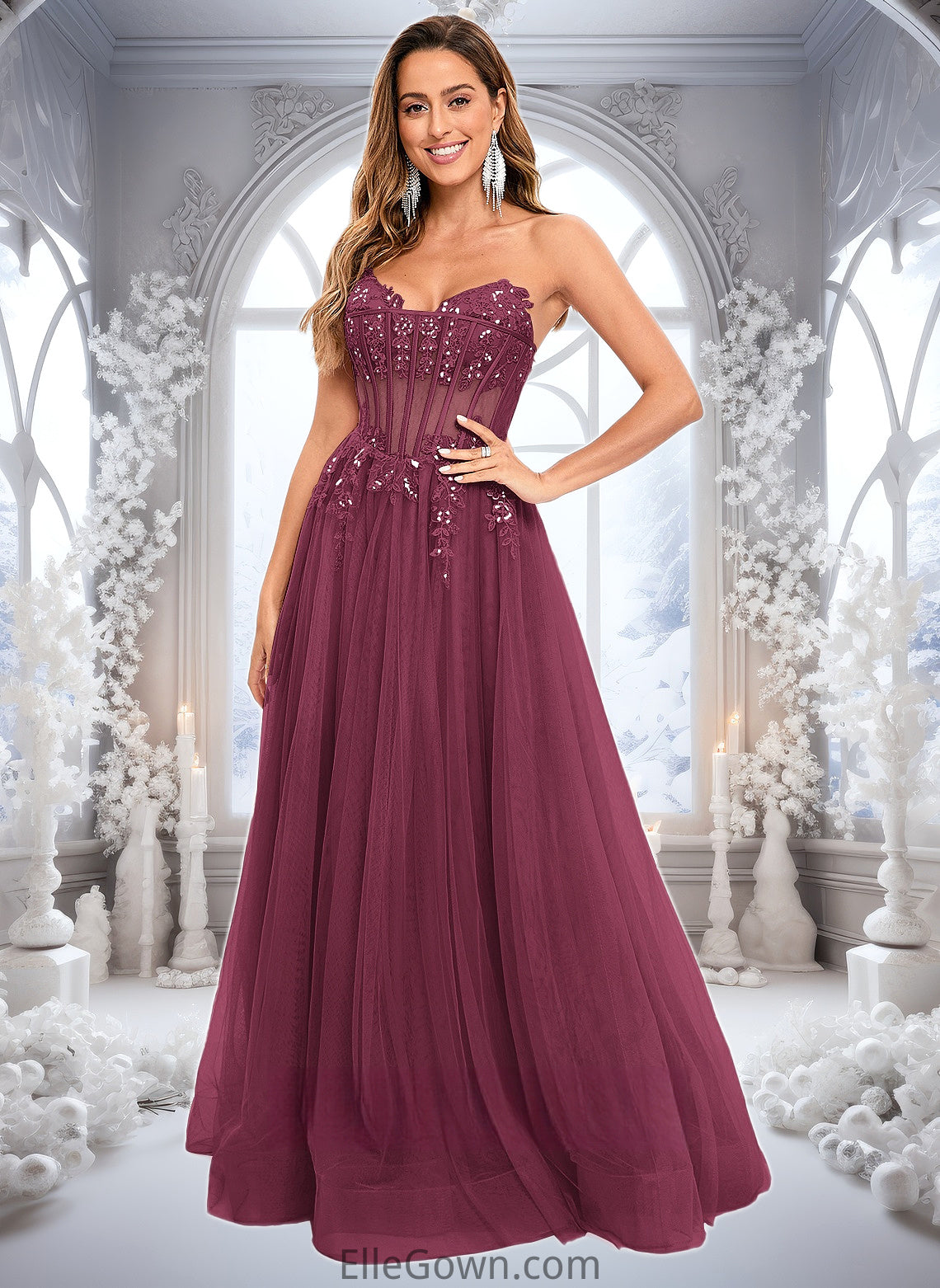 Maeve Ball-Gown/Princess V-Neck Floor-Length Tulle Prom Dresses With Sequins Appliques Lace DEP0025837