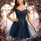 Kelsie A-line V-Neck Short Tulle Lace Homecoming Dress With Sequins DEP0025642