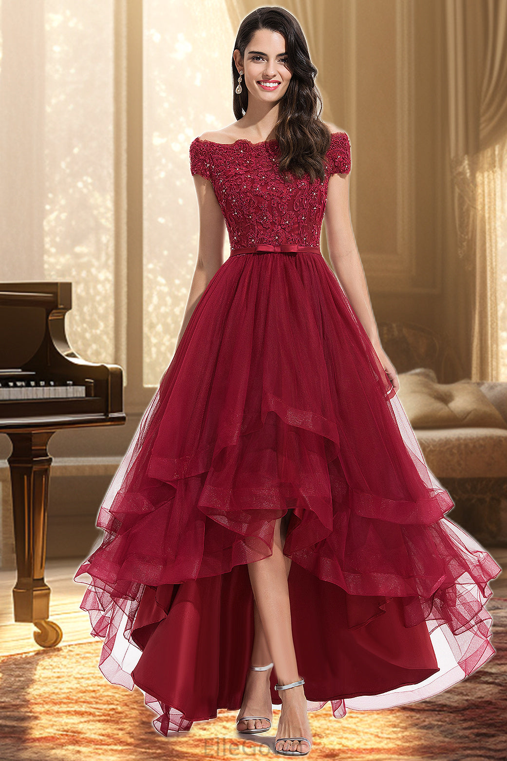 Jaylene A-line Off the Shoulder Asymmetrical Lace Tulle Homecoming Dress With Beading Bow Sequins DEP0020535