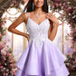 Anabel A-line V-Neck Short Satin Homecoming Dress With Appliques Lace DEP0025696