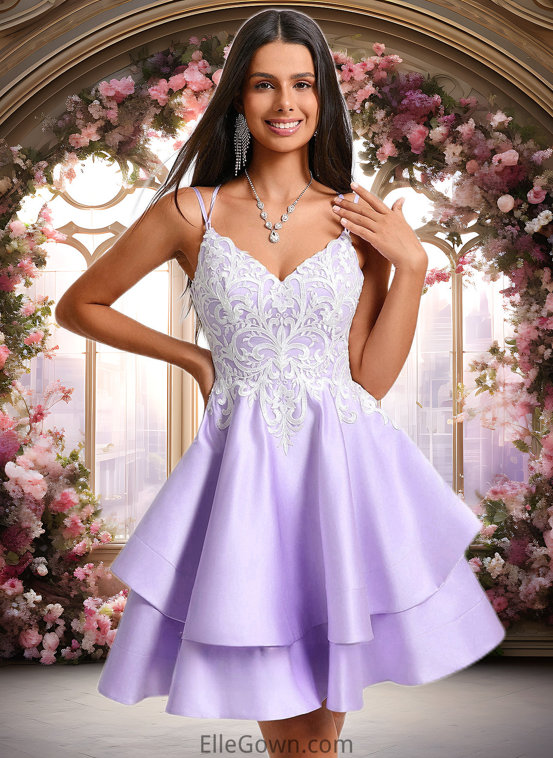 Anabel A-line V-Neck Short Satin Homecoming Dress With Appliques Lace DEP0025696