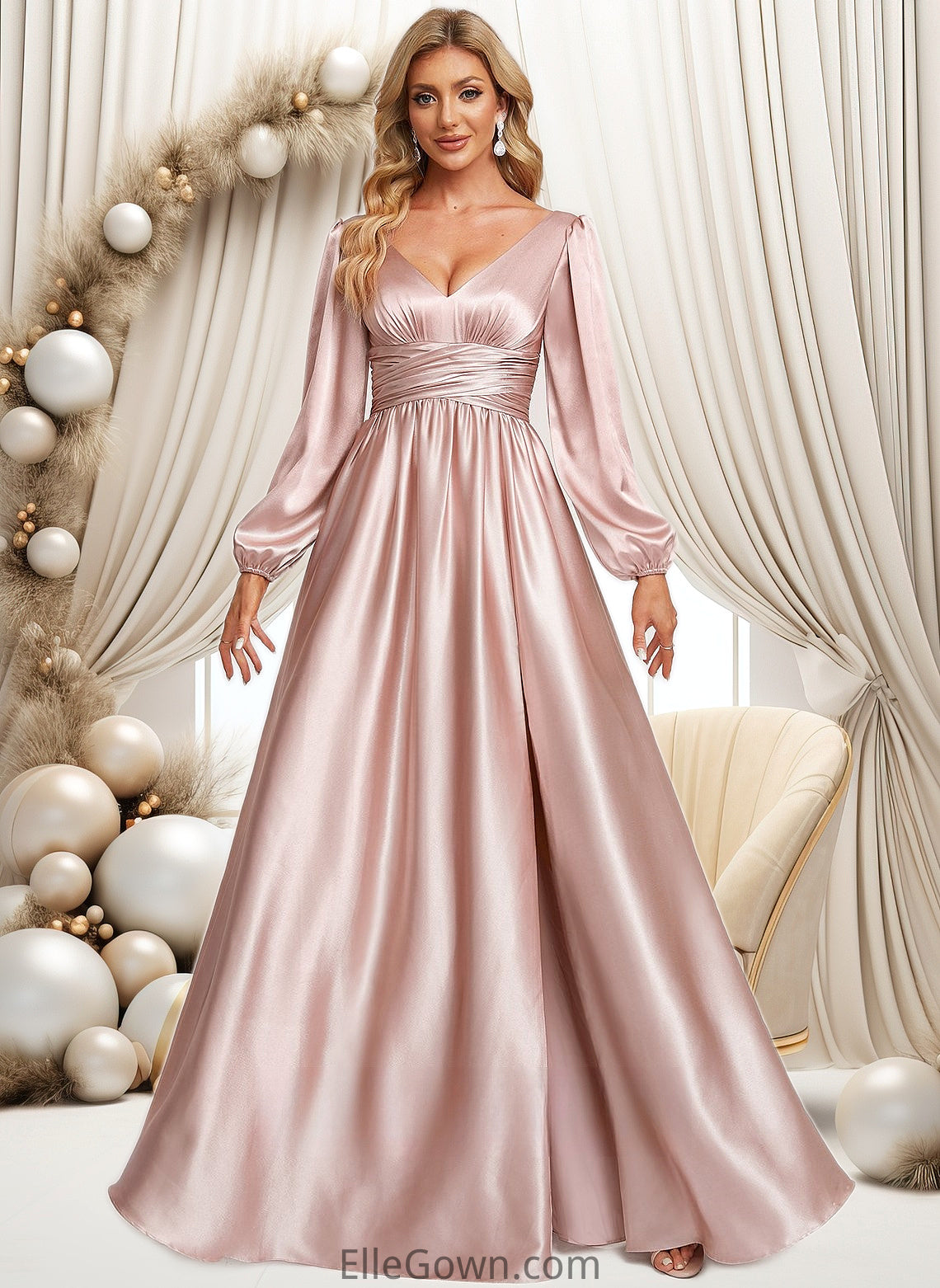 Iyana A-line V-Neck Floor-Length Stretch Satin Prom Dresses DEP0025880