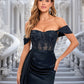 Stephanie Trumpet/Mermaid Off the Shoulder Sweep Train Satin Prom Dresses With Sequins Appliques Lace DEP0025835