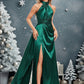 Iris A-line Halter Floor-Length Stretch Satin Bridesmaid Dress With Ruffle DEP0025817