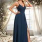 Noelle A-line V-Neck Floor-Length Chiffon Prom Dresses With Pleated DEP0025830