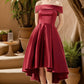 Alexus A-line Off the Shoulder Asymmetrical Satin Homecoming Dress DEP0020532