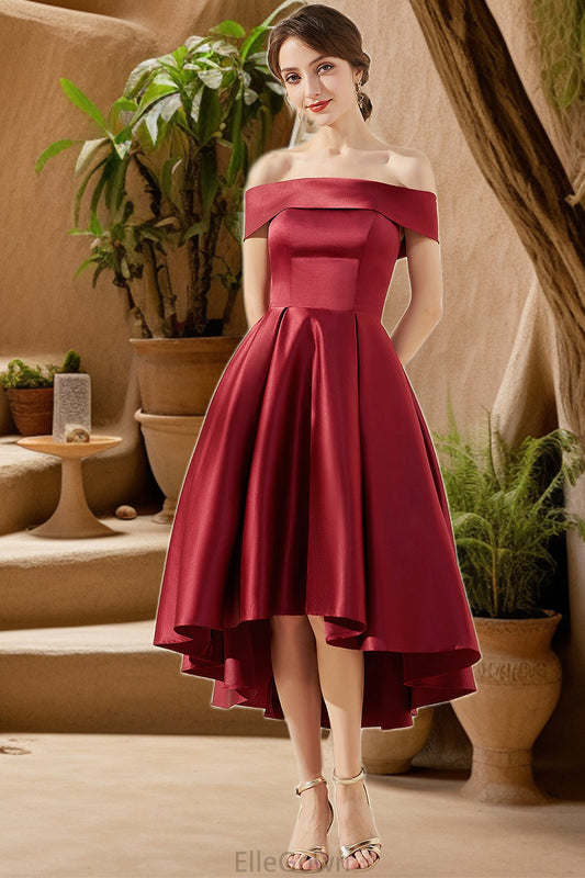 Alexus A-line Off the Shoulder Asymmetrical Satin Homecoming Dress DEP0020532