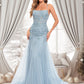 Margery Trumpet/Mermaid Straight Sweep Train Tulle Prom Dresses With Flower DEP0025866