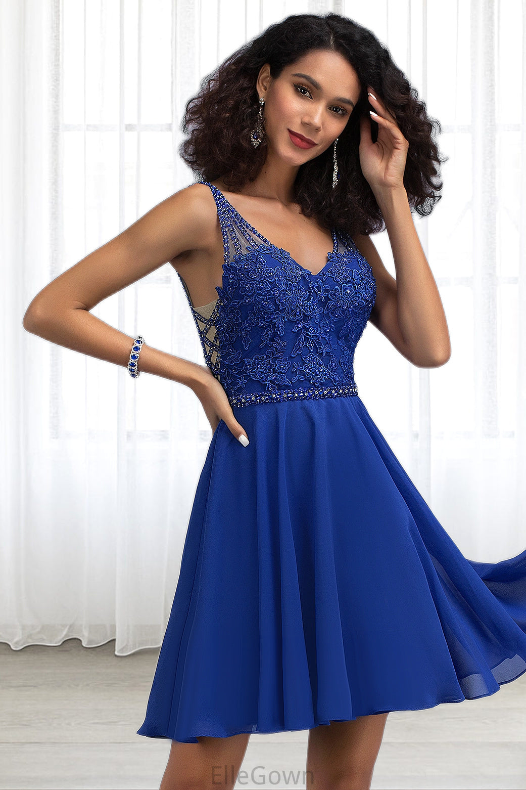 Micah A-line V-Neck Short/Mini Chiffon Lace Homecoming Dress With Beading DEP0020563