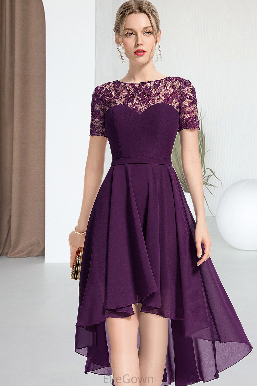 Hailie A-line Scoop Asymmetrical Chiffon Lace Homecoming Dress DEP0020587