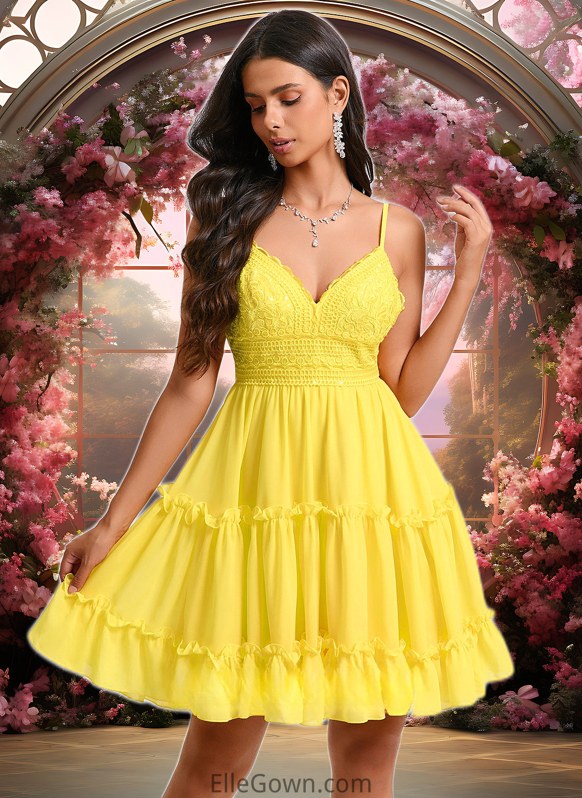 Presley A-line V-Neck Short Chiffon Homecoming Dress With Ruffle Sequins DEP0025700