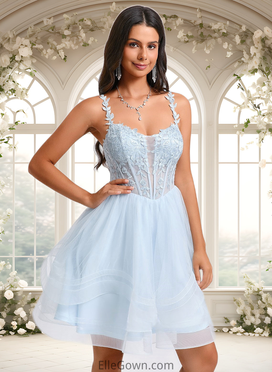 London Ball-Gown/Princess Scoop Short Tulle Homecoming Dress With Appliques Lace DEP0025659