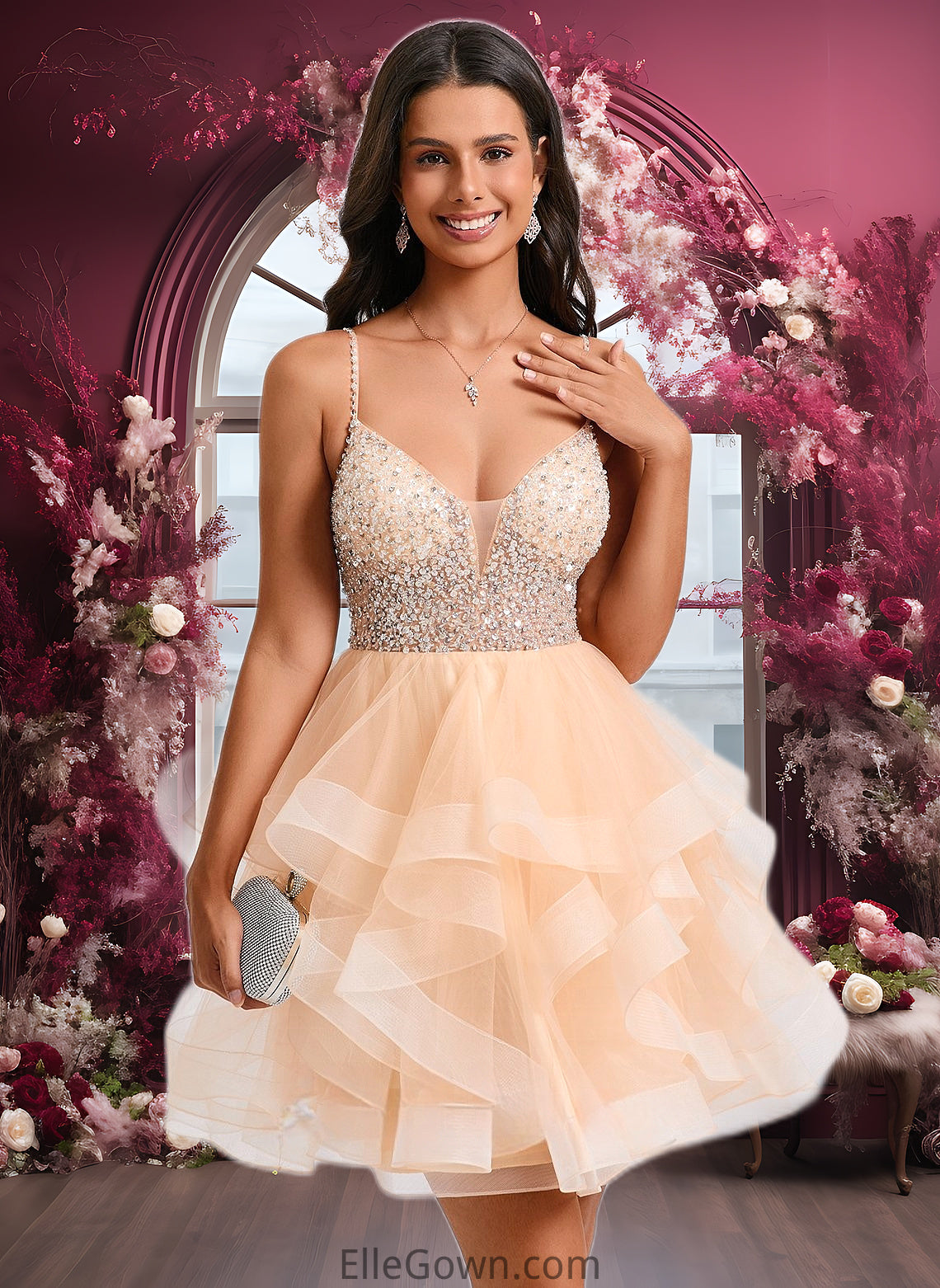 Kenley Ball-Gown/Princess V-Neck Short Tulle Homecoming Dress With Beading Sequins DEP0025646