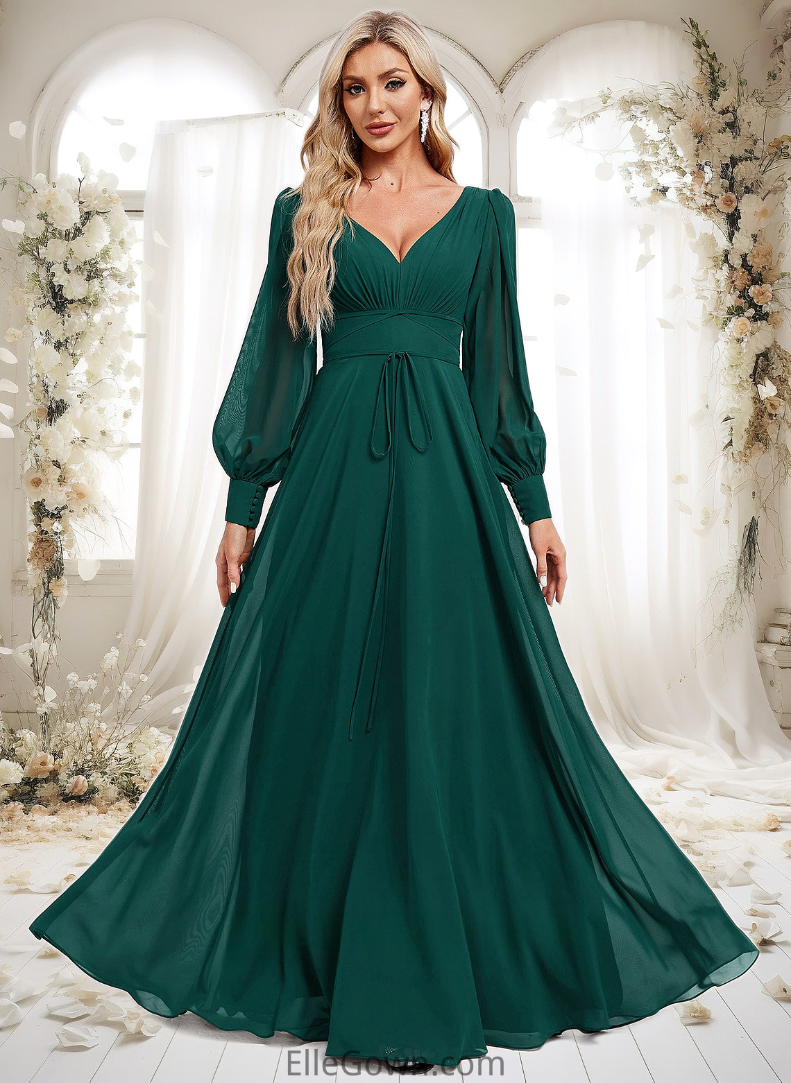 Alannah A-line V-Neck Floor-Length Chiffon Bridesmaid Dress DEP0025816