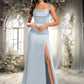 Genesis Trumpet/Mermaid Off the Shoulder Square Floor-Length Satin Prom Dresses With Ruffle DEP0025883