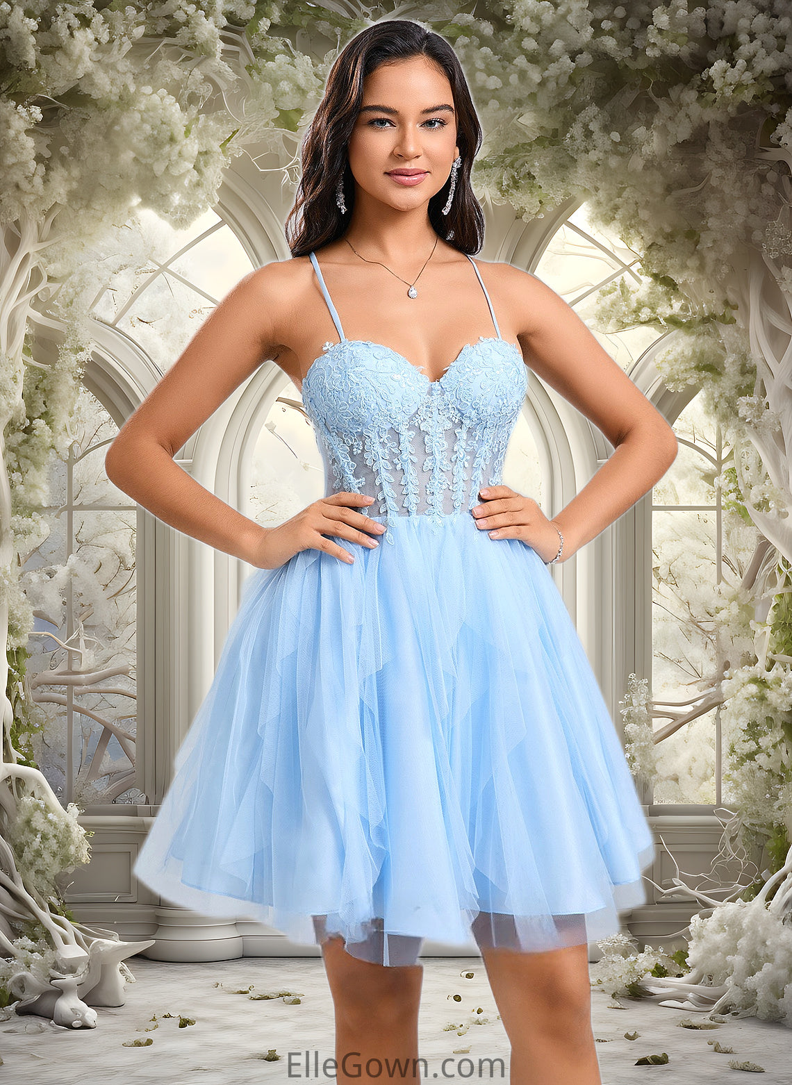 Janelle Ball-Gown/Princess Sweetheart Short Lace Tulle Homecoming Dress With Ruffle DEP0025707