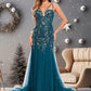 Nell Trumpet/Mermaid V-Neck Sweep Train Tulle Prom Dresses With Sequins Appliques Lace DEP0025853