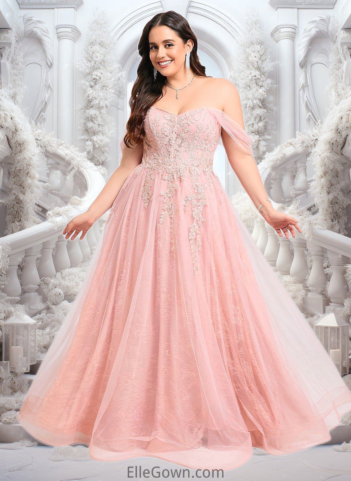 Dalia A-line Sweetheart Off the Shoulder Floor-Length Tulle Floral Lace Prom Dresses With Appliques Lace DEP0025870