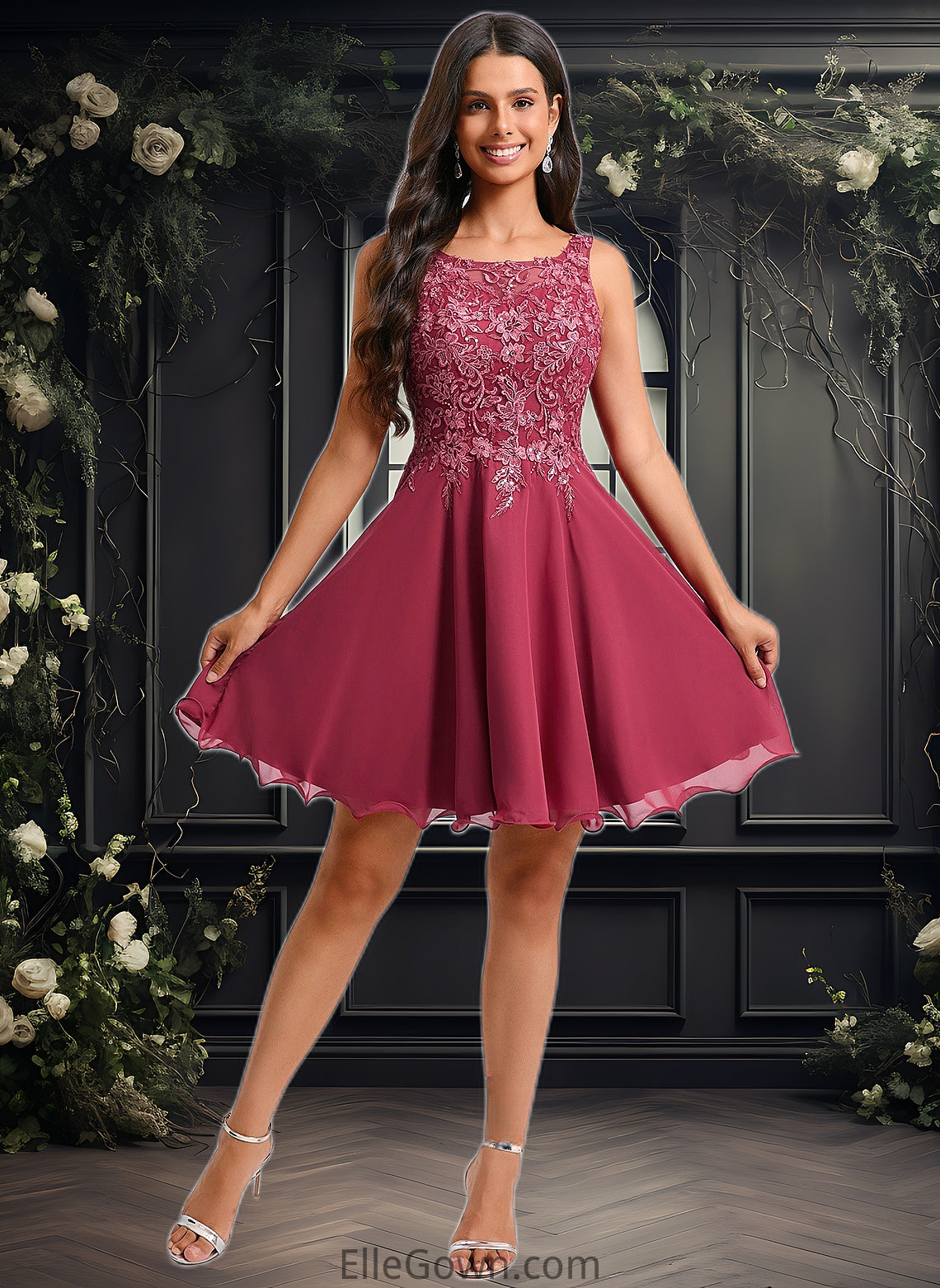 Alisson A-line Scoop Short Chiffon Homecoming Dress With Sequins Appliques Lace DEP0025681