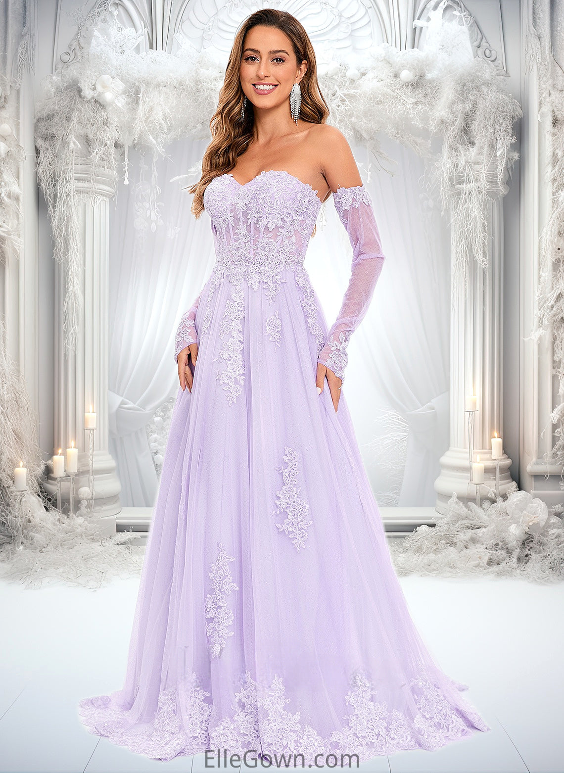 Megan A-line Sweetheart Sweep Train Tulle Prom Dresses With Sequins Appliques Lace DEP0025856