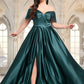 EmeryPiper A-line Off the Shoulder Floor-Length Satin Prom Dresses With Pleated DEP0025851