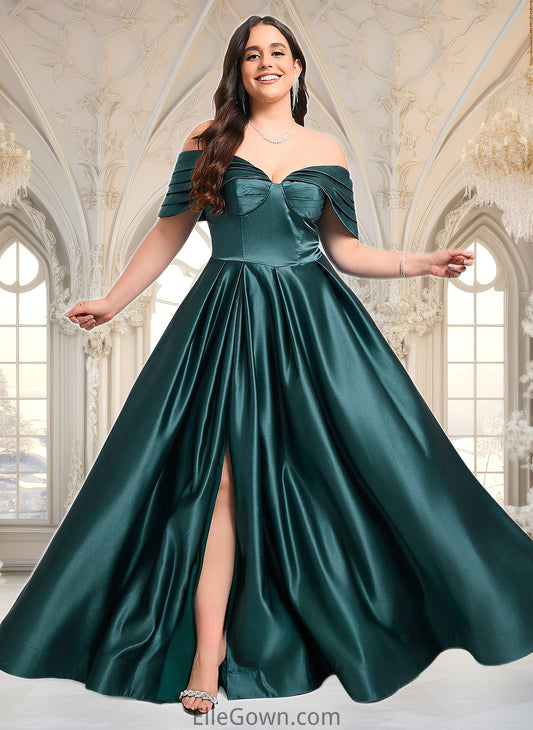 EmeryPiper A-line Off the Shoulder Floor-Length Satin Prom Dresses With Pleated DEP0025851