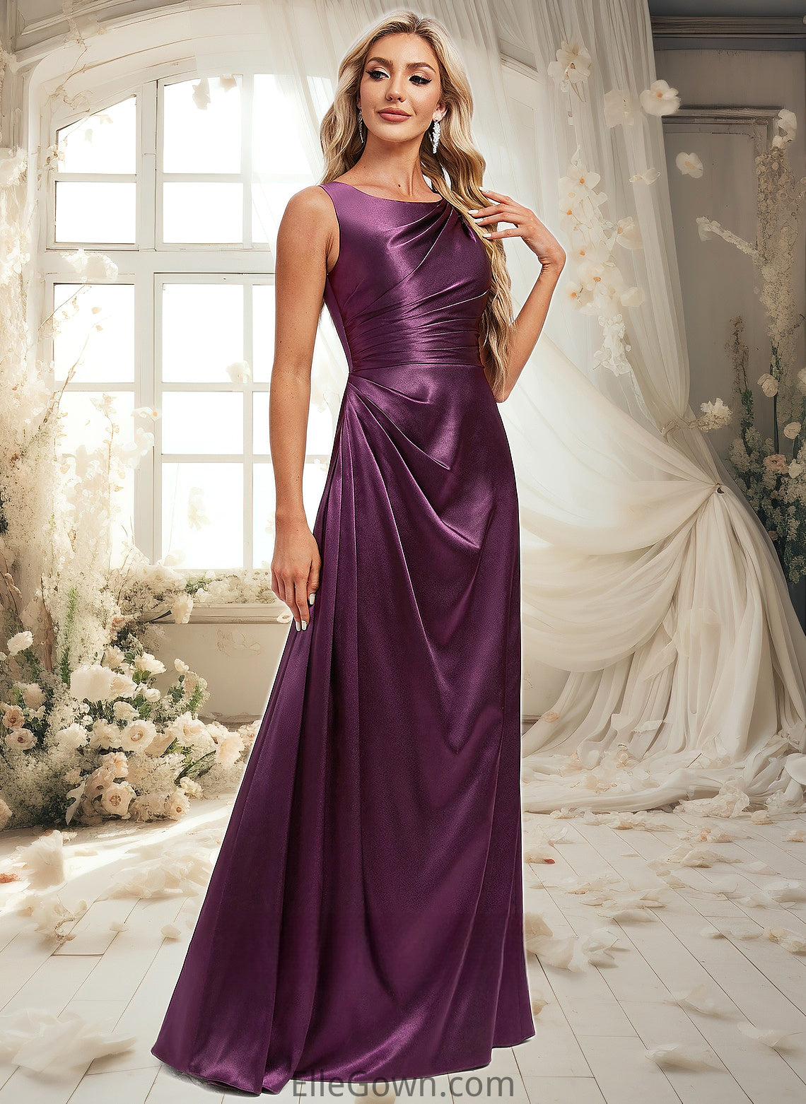 Gia A-line Scoop Floor-Length Stretch Satin Bridesmaid Dress DEP0025829