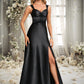 Alisson A-line V-Neck Floor-Length Stretch Satin Prom Dresses With Bow DEP0025882