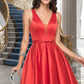 Nicola A-line V-Neck Short/Mini Satin Homecoming Dress With Bow DEP0020583