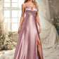 Arely A-line V-Neck Floor-Length Stretch Satin Bridesmaid Dress DEP0025822