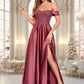 Ciara A-line Off the Shoulder Floor-Length Satin Lace Prom Dresses With Sequins DEP0025841