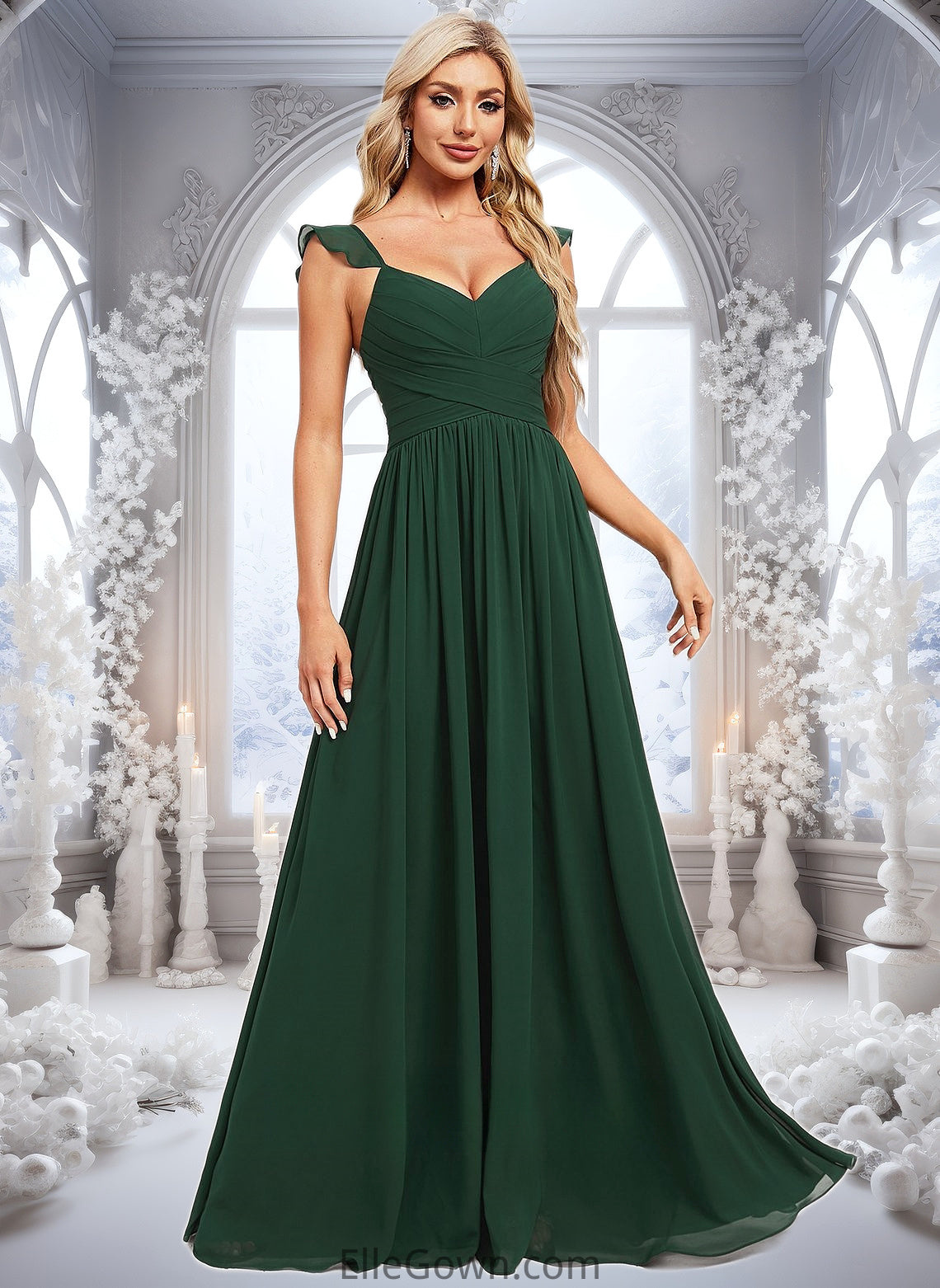 Paola A-line V-Neck Floor-Length Chiffon Bridesmaid Dress With Ruffle DEP0025811