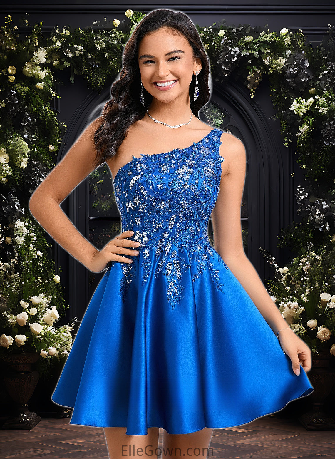 Tara A-line One Shoulder Short Satin Homecoming Dress With Appliques Lace Sequins DEP0025657