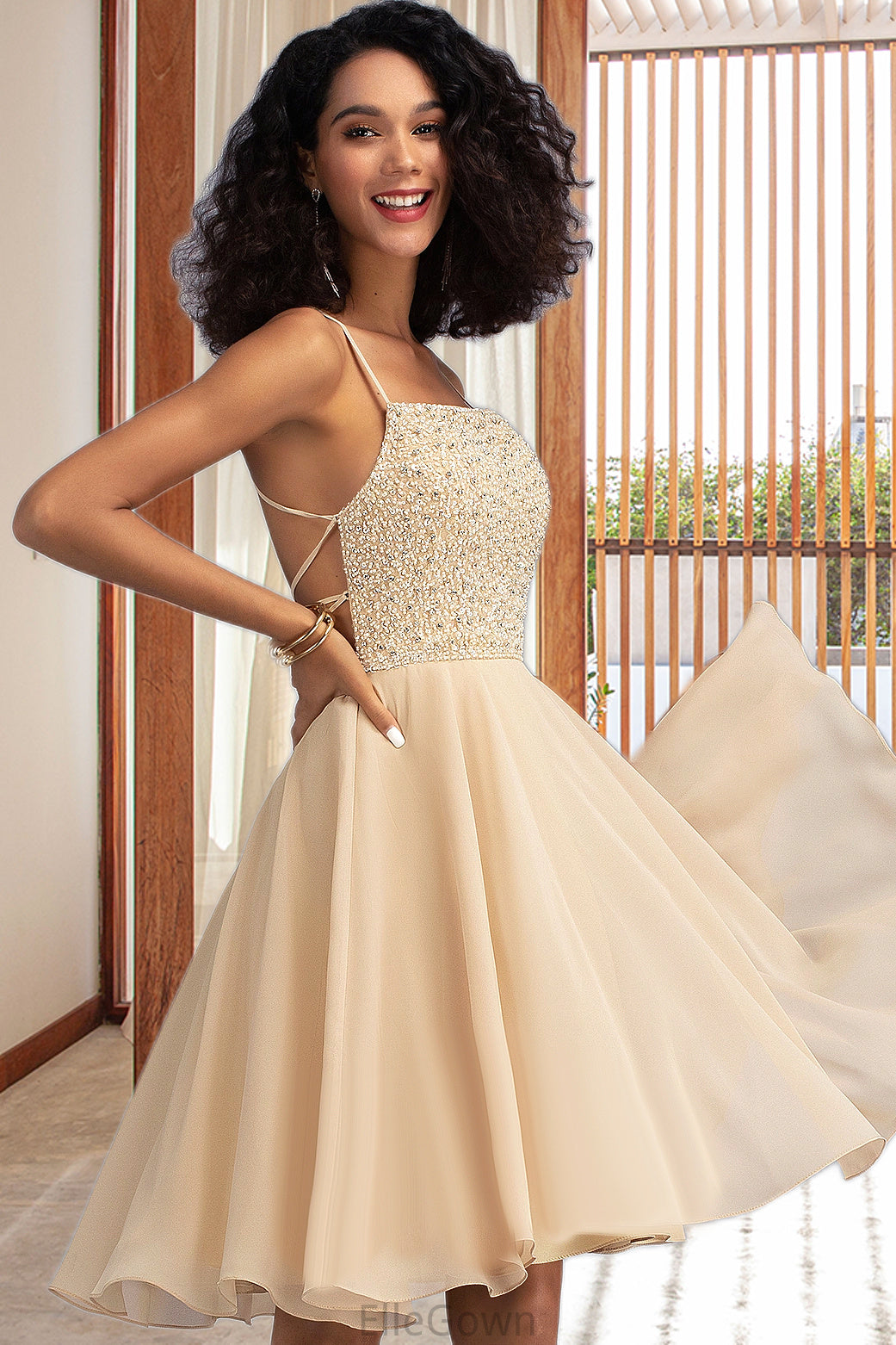 Megan A-line Square Knee-Length Chiffon Homecoming Dress With Beading Sequins DEP0020575